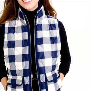 Plaid puffy vest navy and off white , longer than some vests